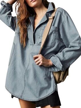 Light Blue Denim Pullover Shirt Jacket